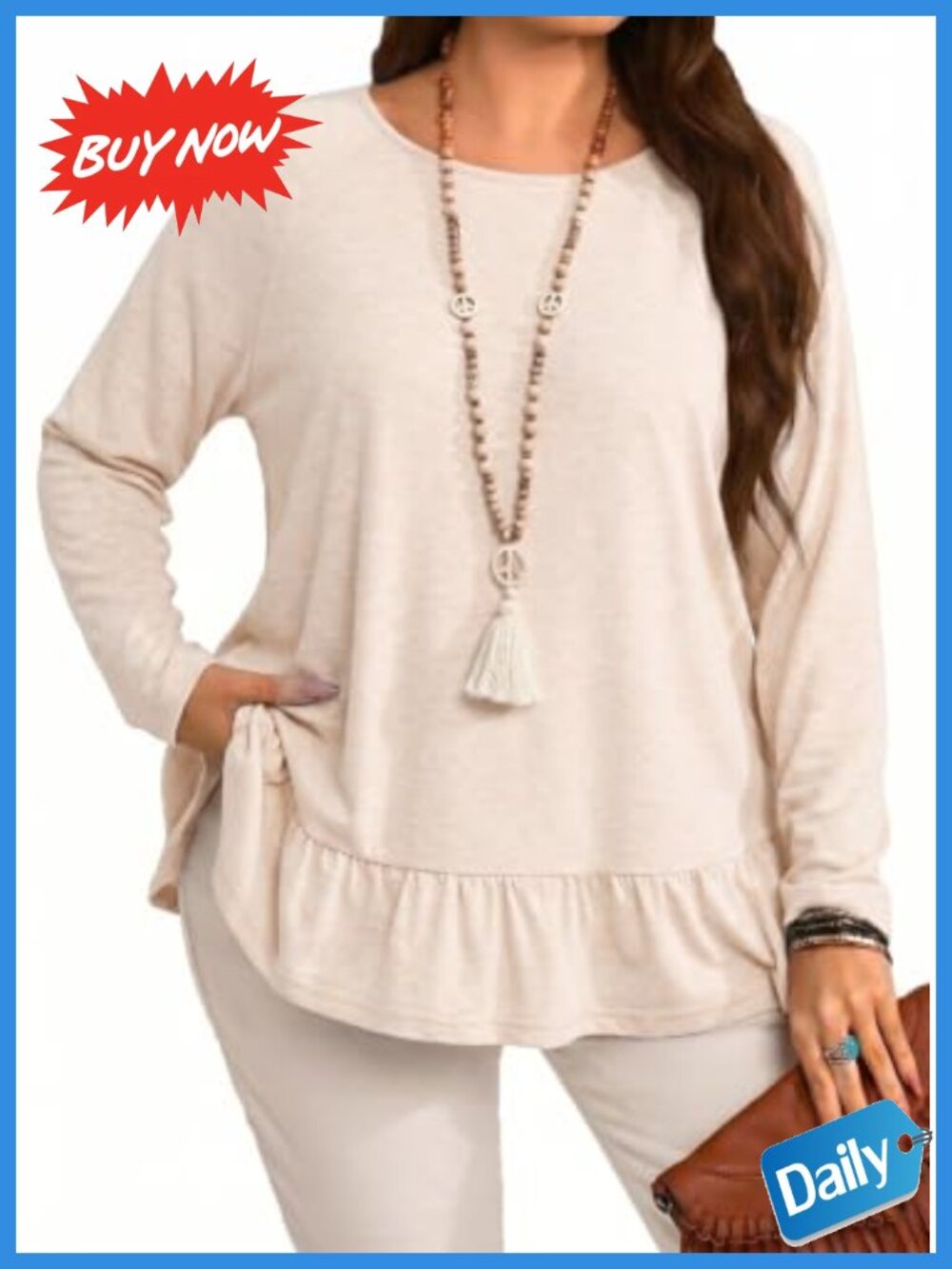 Plus Size Ruffle Hem Long Sleeve T-Shirt Loose Fit Knit Top